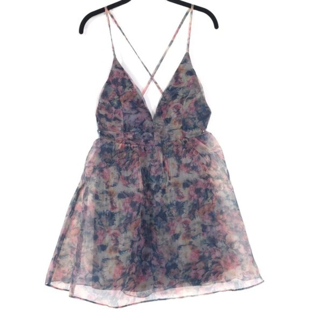 Lulus‎ Cultivate Your Love Navy Blue Floral Print Organza Skater Dress MEDIUM